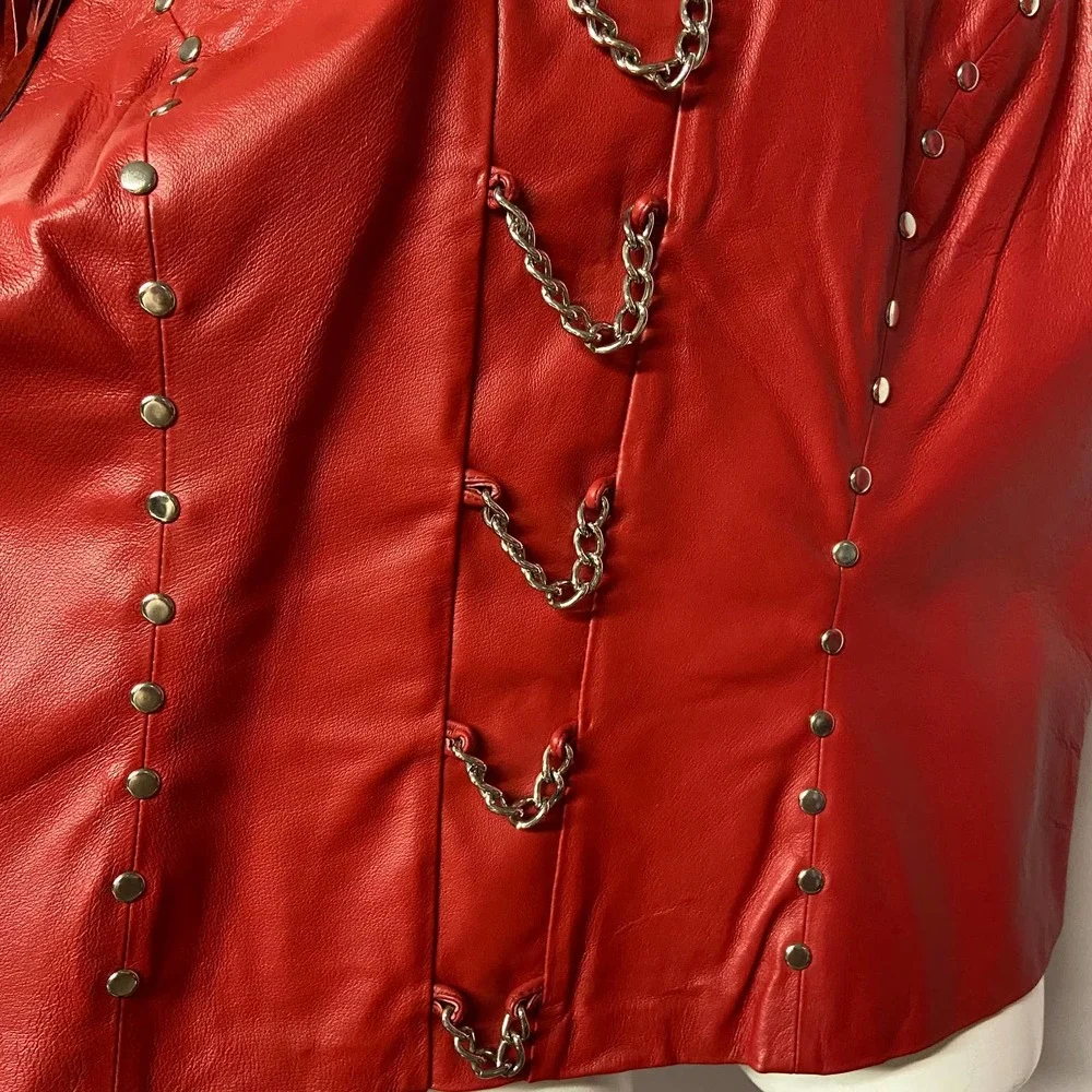 Leather Gallery Vest Leather Fringe Biker Women's Size XL Worn Once Red Studded - Picture 3 of 7